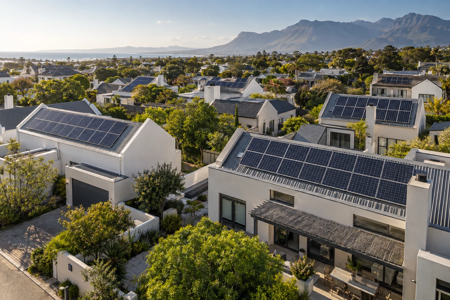 Illustrative modern homes with rooftop solar and greenery
